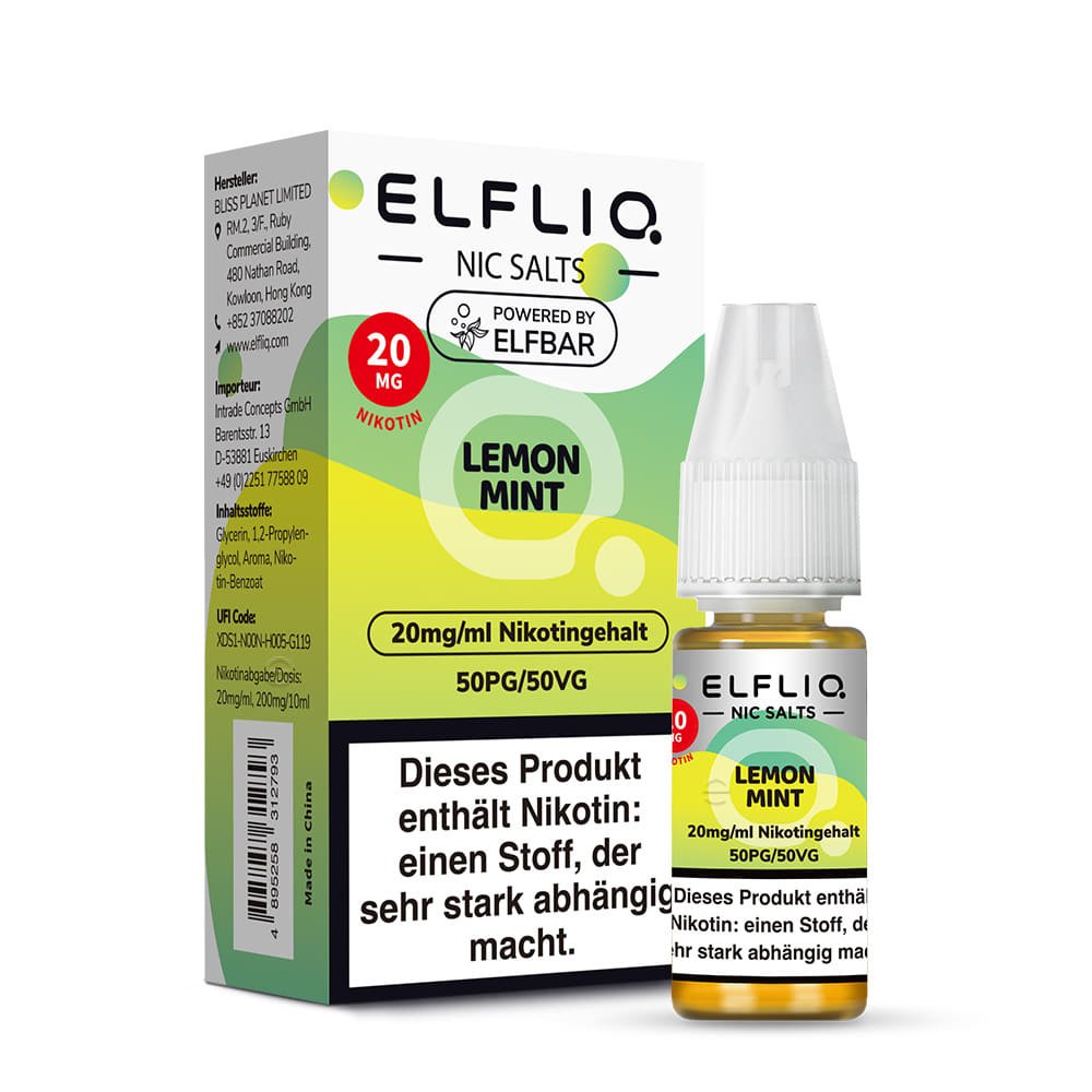 Elfliq Lemon Mint 20mg - Flasche vor Verpackung, Nikotinsalz Liquid 10ml, 50/50 VG/PG