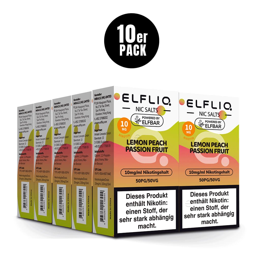 Elfliq Lemon Peach Passion Fruit 10mg - 10x Sparpaket Nikotinsalz Liquid by Elfbar mit 10 Packungen (10er Pack)