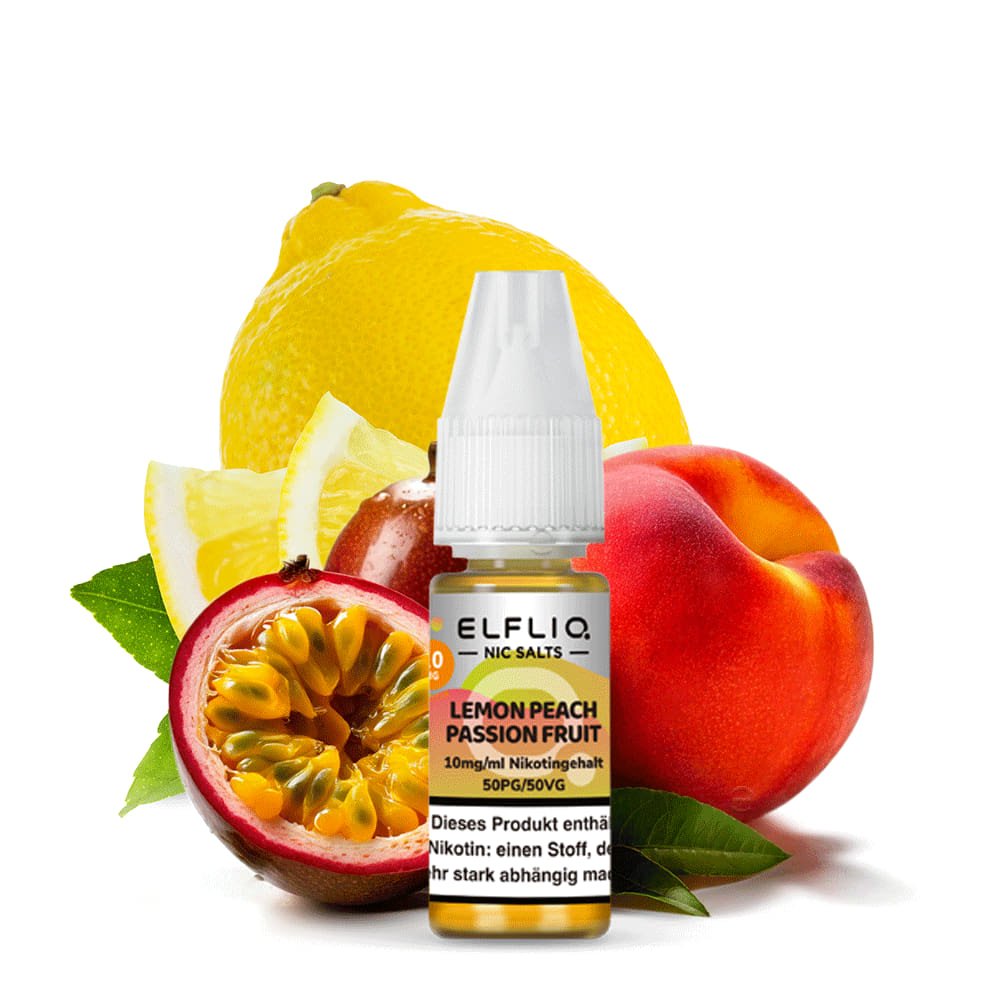 Elfliq Lemon Peach Passion Fruit 10mg - Liquidflasche vor Zitrone, Pfirsich und Passionsfrucht (fruchtiges Aroma)