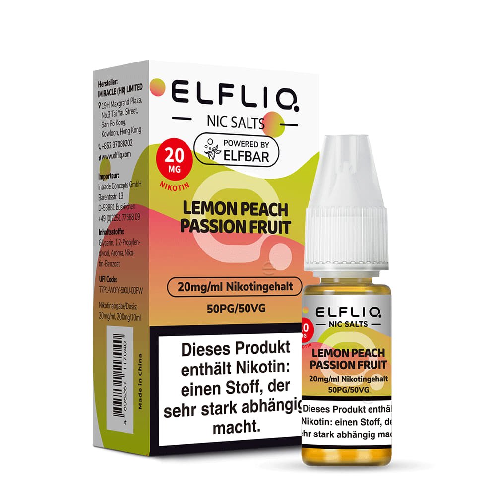 Elfliq Lemon Peach Passion Fruit 20mg Nikotinsalz Liquid by Elfbar - Flasche vor Verpackung, 10 ml