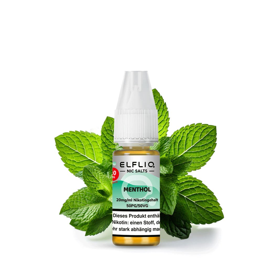 Elfliq Menthol 20mg Liquidflasche vor Minzblättern und Eiswürfeln - intensiver Menthol Geschmack