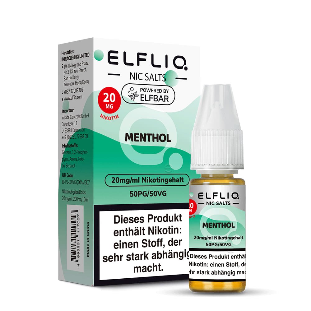 Elfliq Menthol 20mg Nikotinsalz Liquid by Elfbar - Flasche vor Verpackung, 10 ml