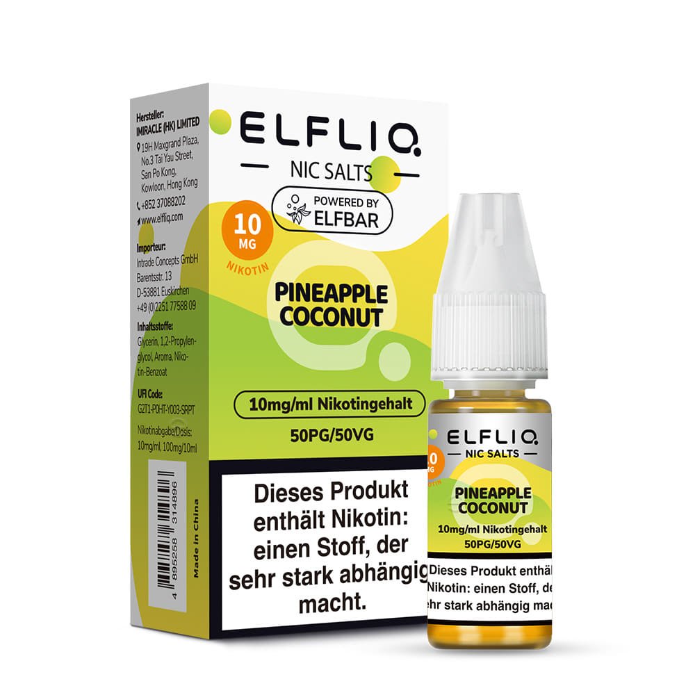 Elfliq Pineapple Coconut 10mg Nikotinsalz Liquid by Elfbar - Flasche vor Verpackung, 10 ml