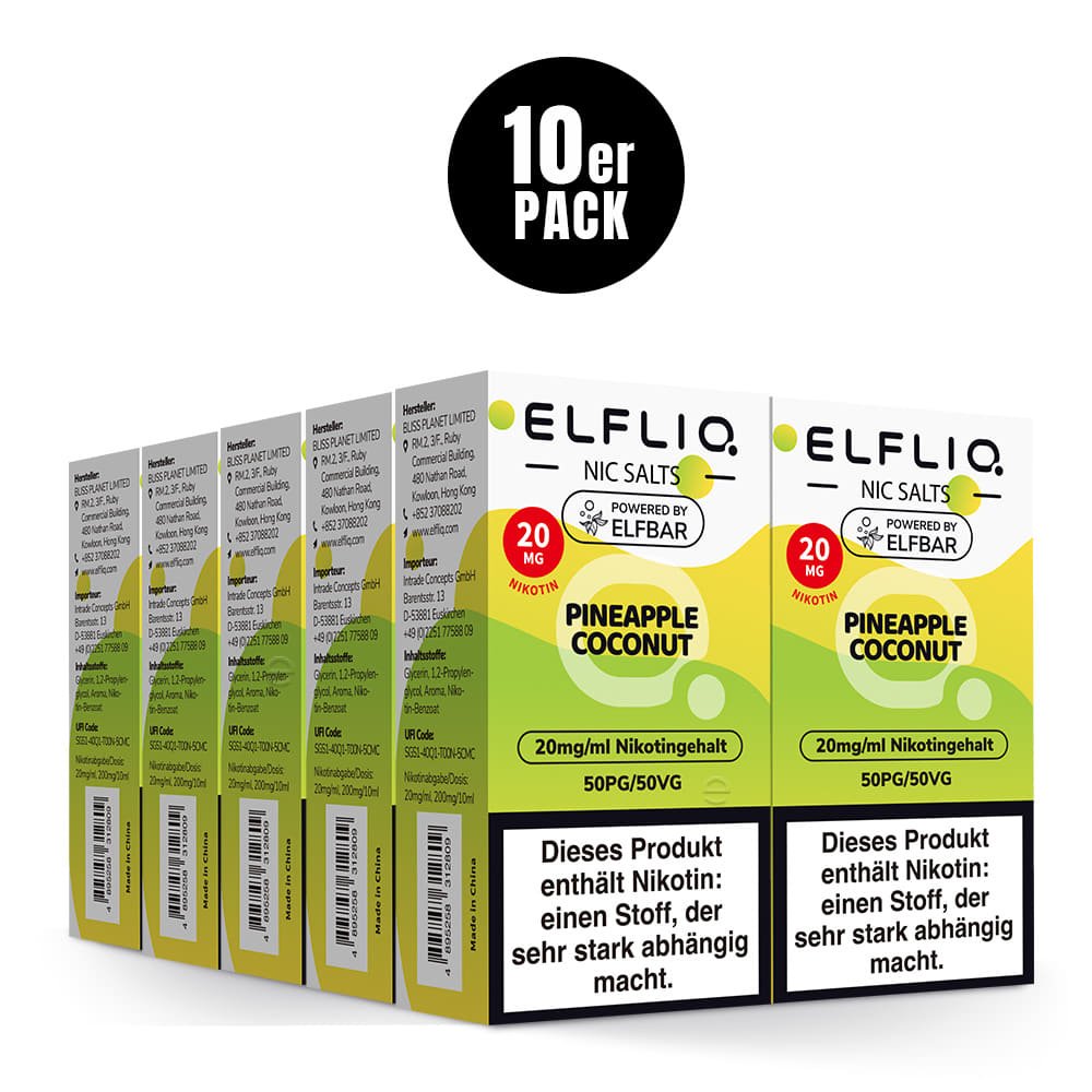 Elfliq Pineapple Coconut 20mg - 10x Sparpaket Nikotinsalz Liquid by Elfbar mit 10 Packungen (10er Pack)