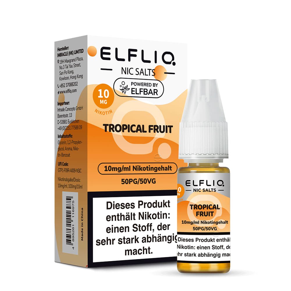 Elfliq Tropical Fruit 10mg Nikotinsalz Liquid by Elfbar - Flasche vor Verpackung, 10 ml