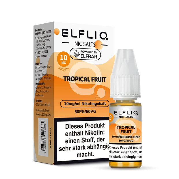 Elfliq Tropical Fruit 10mg Nikotinsalz Liquid by Elfbar - Flasche vor Verpackung, 10 ml