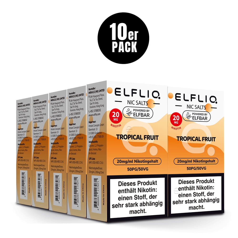 Elfliq Tropical Fruit 20mg - 10x Sparpaket Nikotinsalz Liquid by Elfbar mit 10 Packungen (10er Pack)