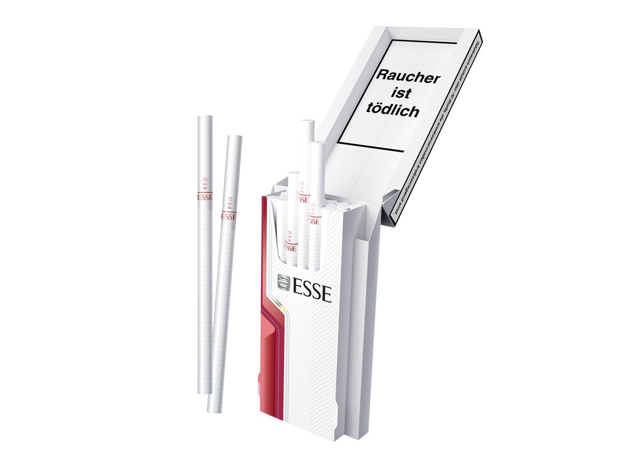 Geöffnete Esse Red Slim Zigaretten 20er Packung, einzelne Superslim Zigarette daneben, rotes Design