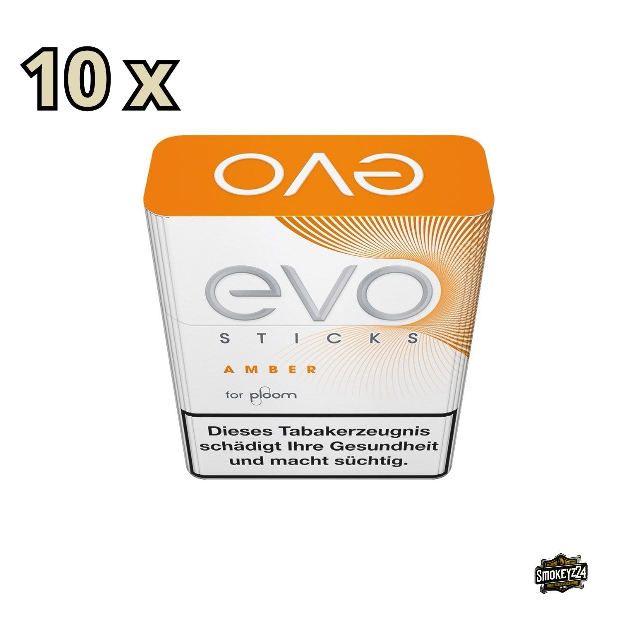 EVO Amber Stange, einzelne Packung leicht von oben fotografiert, Hinweis auf 10 Stück