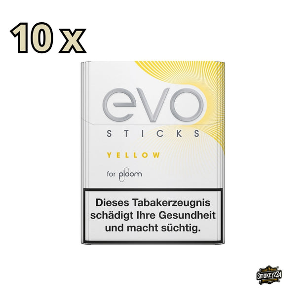 EVO Yellow Stange frontal fotografiert, zeigt 10 Packungen mit Hinweis auf 200 Tabaksticks für Ploom X Advanced.