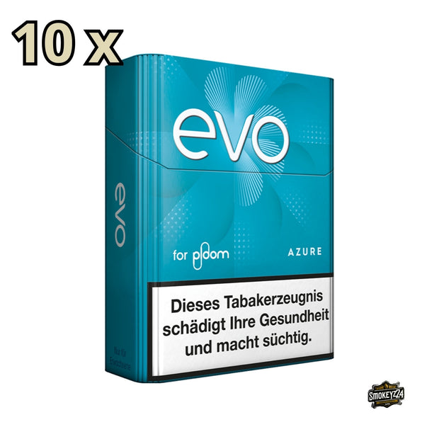 EVO Azure Einzelpackung, leicht von links fotografiert, mit Hinweis auf 10 Stück