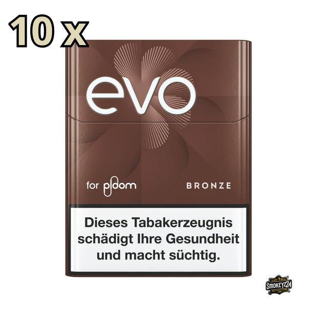 EVO Bronze, frontal fotografiert, zeigt 10 Packungen Tabaksticks mit Hinweis auf 10 Stück
