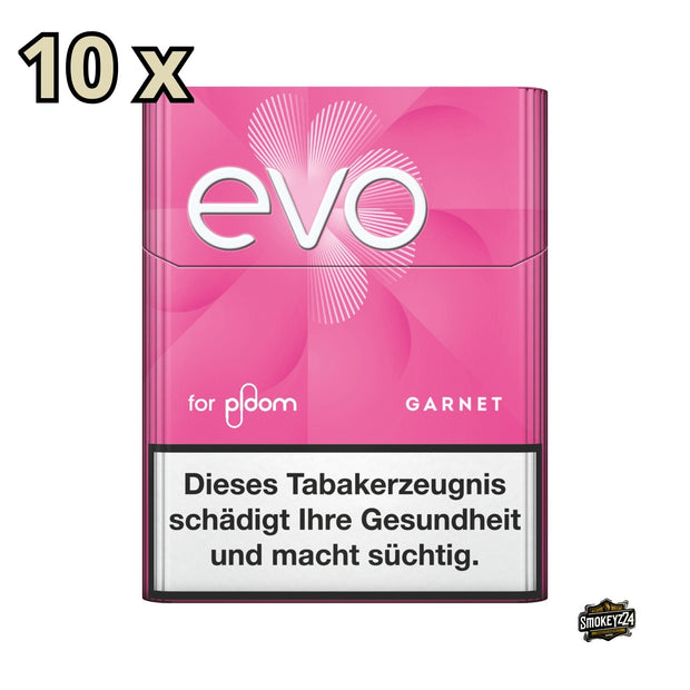 EVO Garnet, frontal fotografiert, zeigt 10 Packungen Tabaksticks mit Hinweis auf 10 Stück.