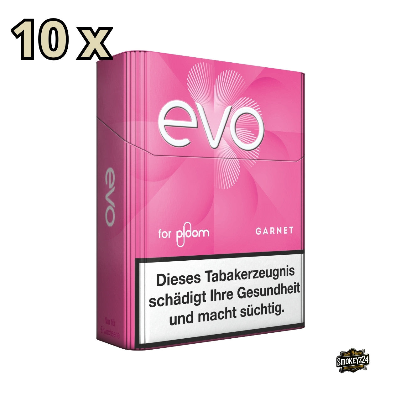 EVO Garnet Einzelpackung, leicht von links fotografiert, mit Hinweis auf 10 Stück.