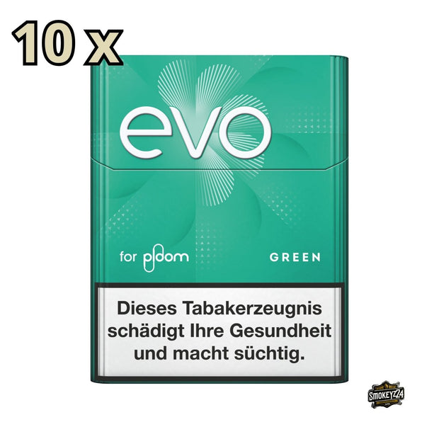 EVO Green, frontal fotografiert, zeigt 10 Packungen Tabaksticks mit Hinweis auf 10 Stück