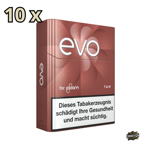 EVO Tan Einzelpackung, leicht von links fotografiert, mit Hinweis auf 10 Stück.