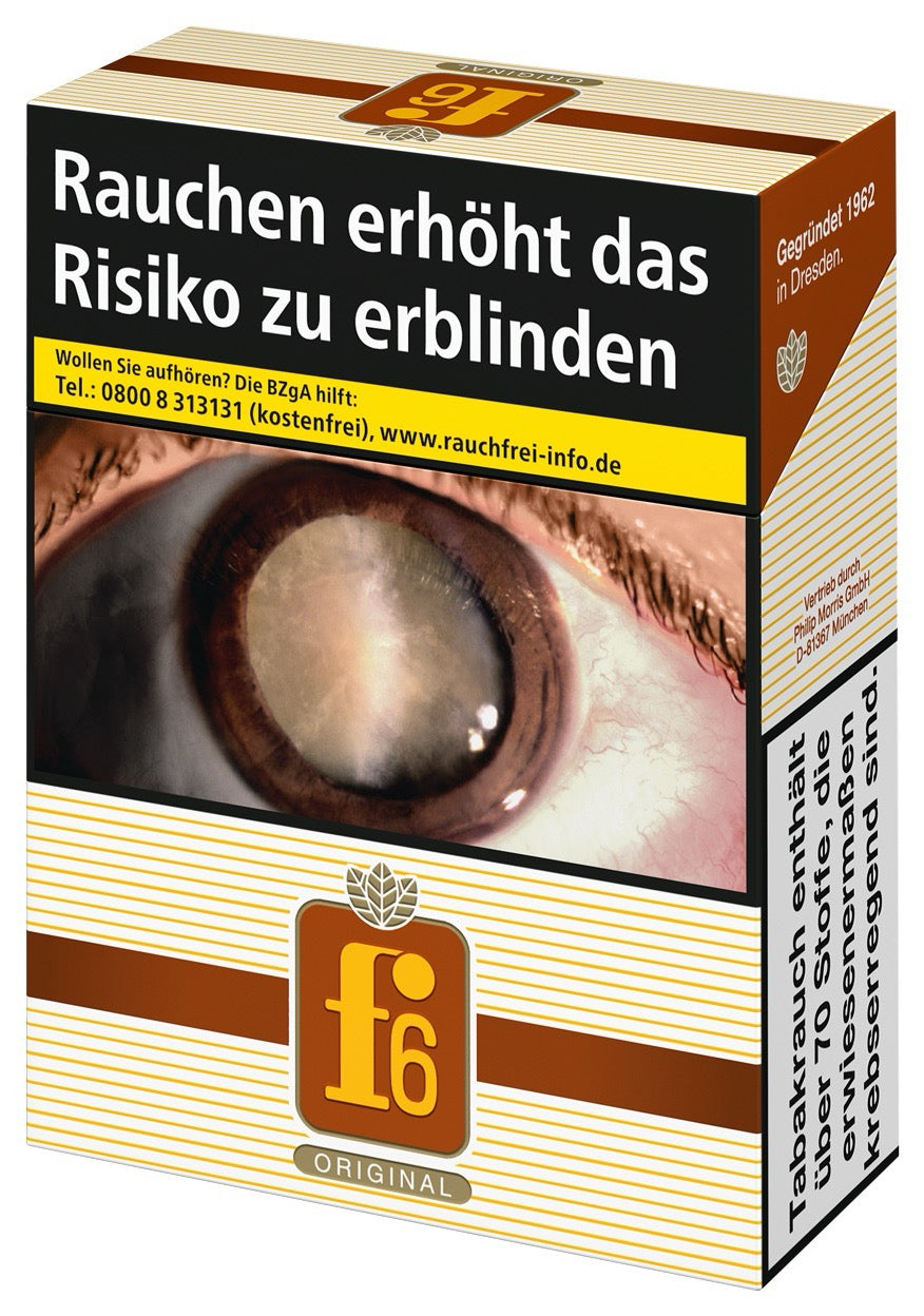 f6 Original Zigaretten – einzelne Packung leicht seitlich fotografiert