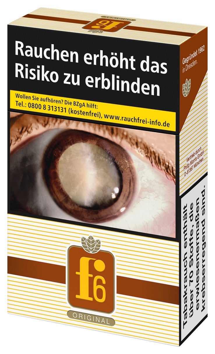 f6 Original Zigaretten – einzelne Packung leicht seitlich fotografiert