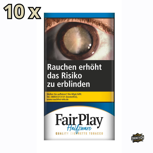 Fair Play Halfzware Shag 10 x 30 g Pouch Gebinde Blau – Frontansicht der banderolierten Drehtabak-Pouches