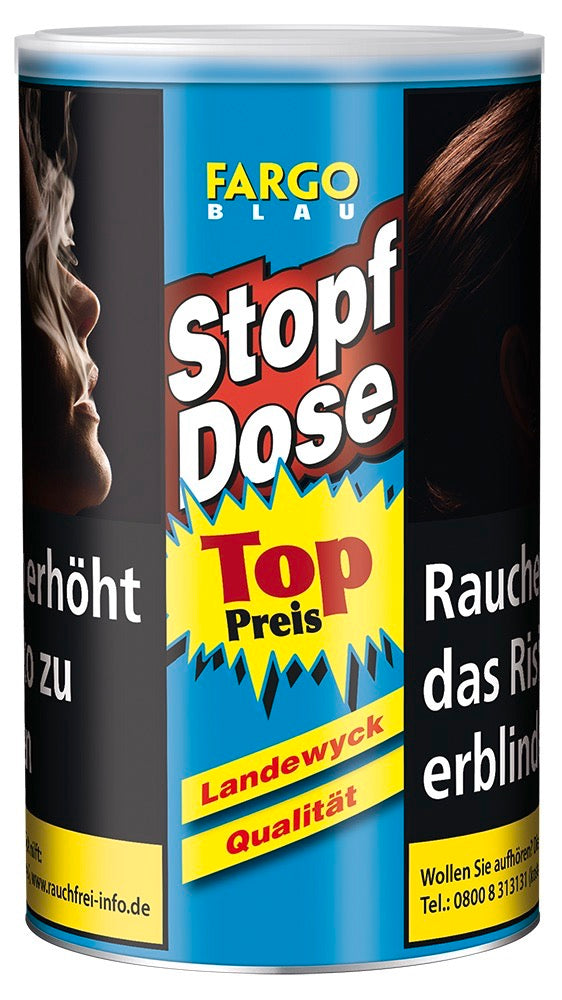 Fargo Stopfdose Blau 122g – Frontansicht der milden Feinschnitt-Tabakdose mit hellem American Blend