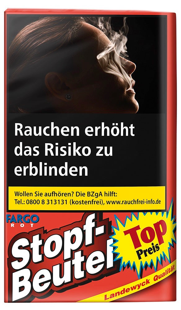 Fargo Stopfbeutel Rot 30g – Frontansicht des kräftigen American Blend Feinschnitts