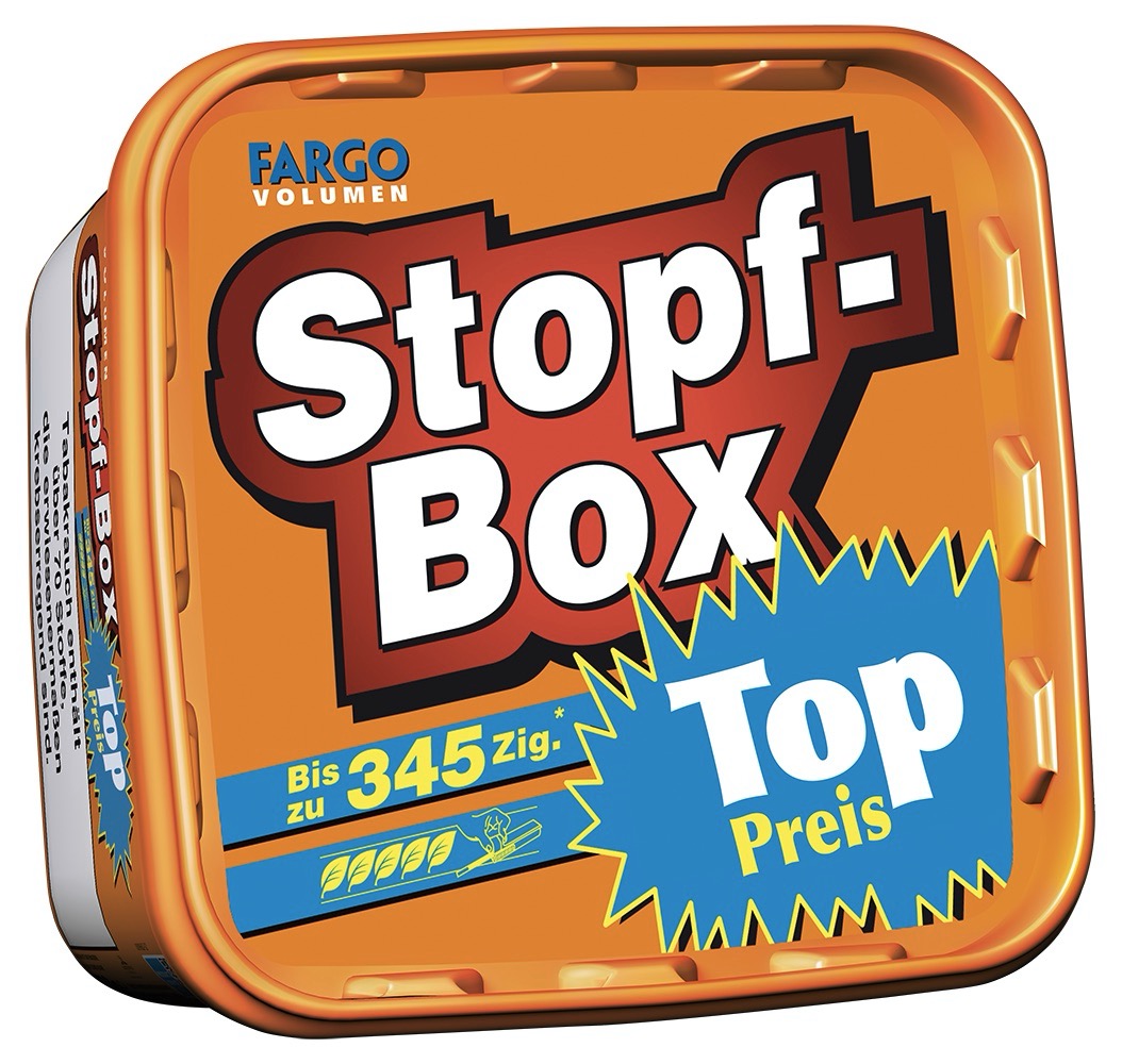 Fargo Volumen Stopfbox 150g – Frontansicht der großen Volumen-Tabakbox für effizientes Stopfen in Full-Flavor-Qualität