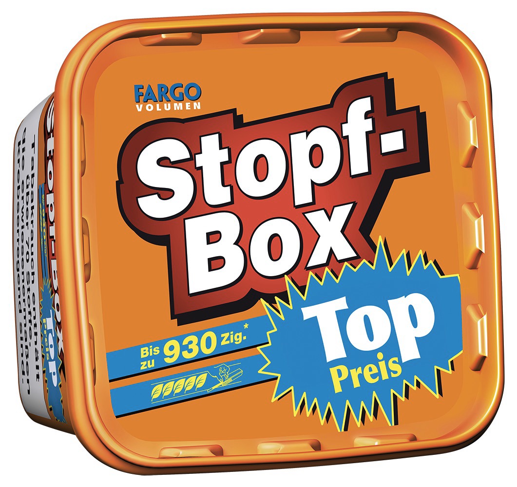 Fargo Volumen Stopfbox 400g – Seitenansicht der eckigen Großpackung mit wiederverschließbarem Deckel für langanhaltende Frische
