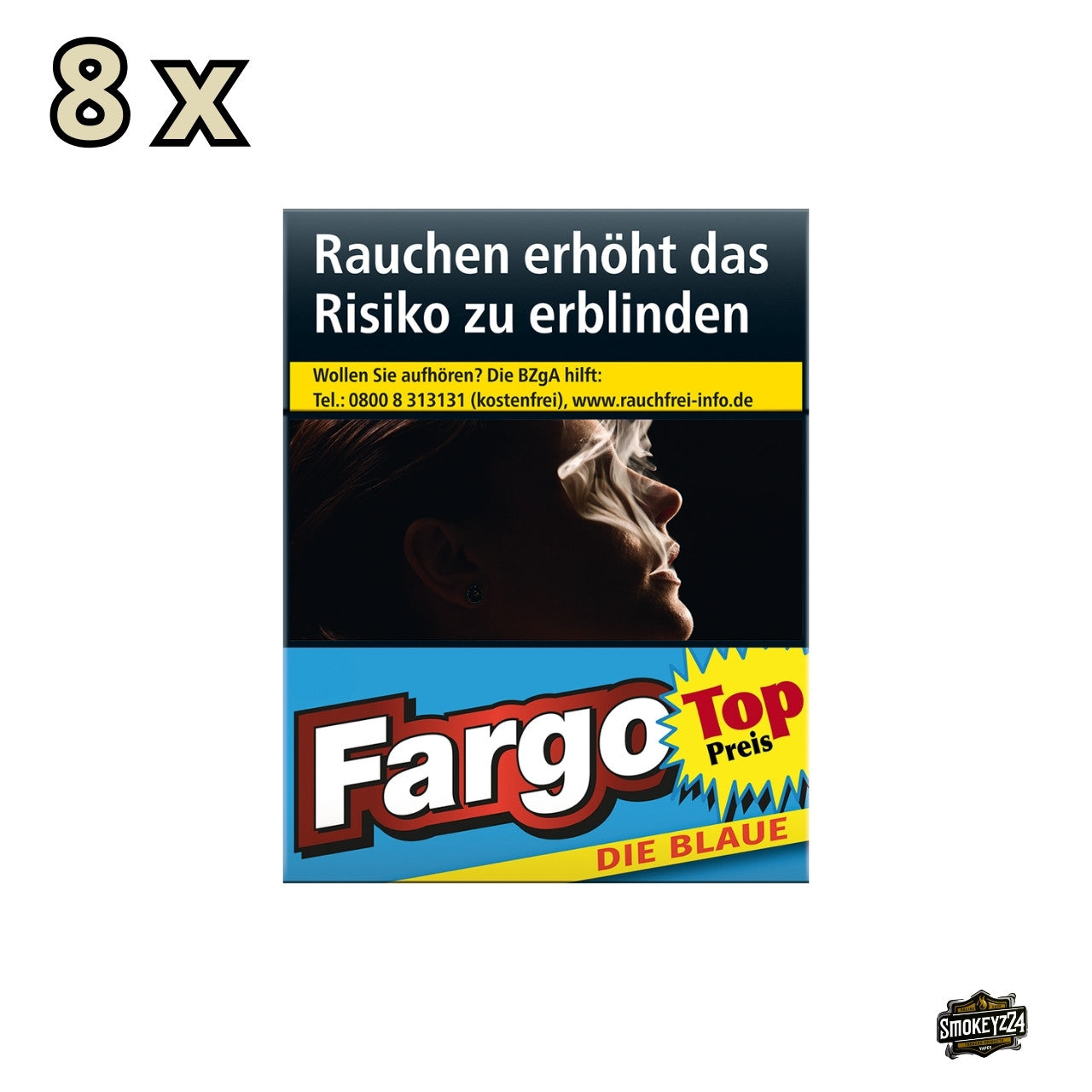 Fargo die Blaue Zigaretten 8x25 – Frontalansicht der milden King Size Filterzigaretten im blauen Design