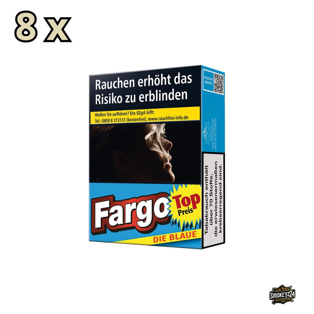 Fargo die Blaue Zigaretten – Seitenansicht der Stange mit 8 Packungen à 25 Stück in blauem Verpackungsdesign