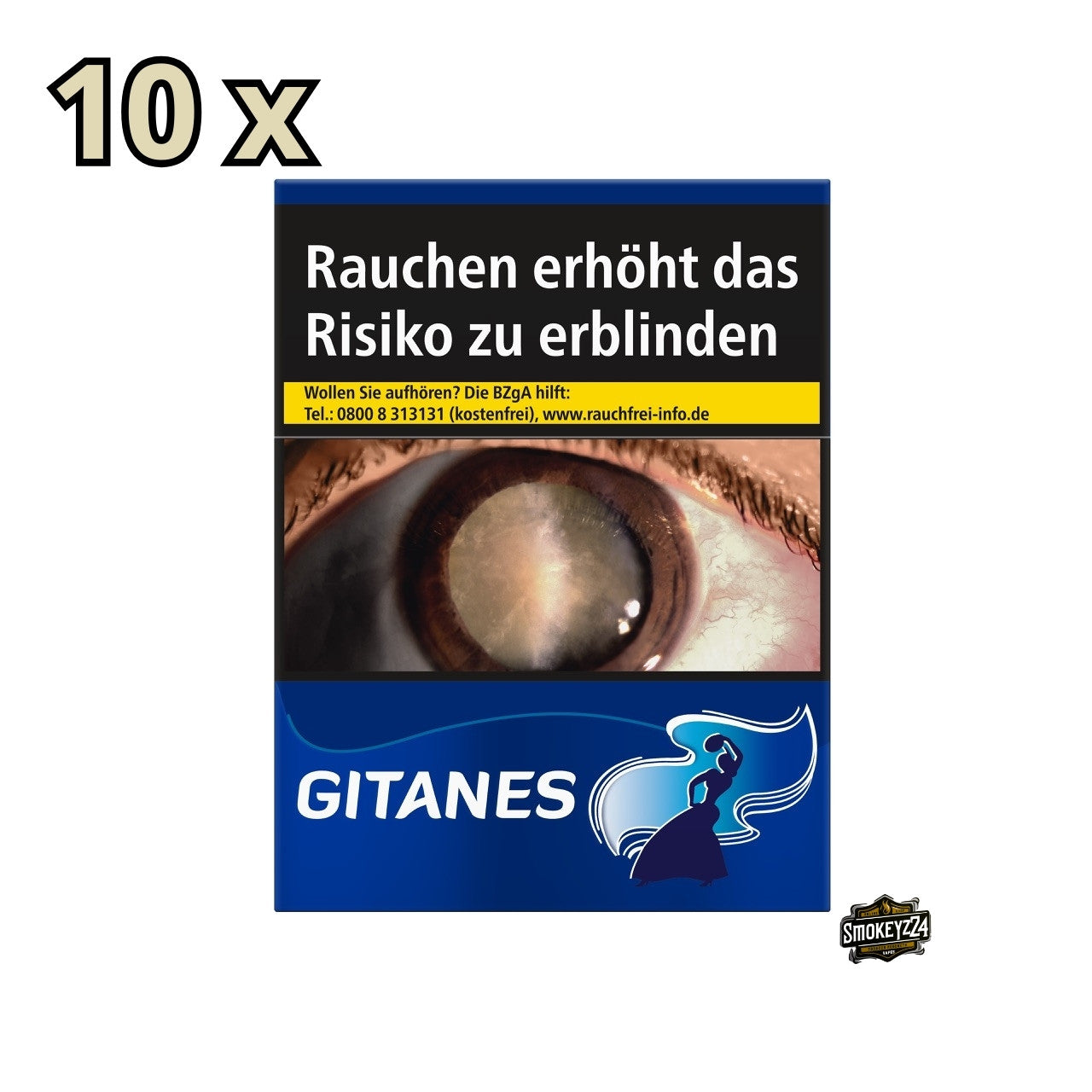 Gitanes ohne Filter Zigarettenpackung mit tanzender Frau, blau-weißes Retrodesign, französische Kultmarke in 20er