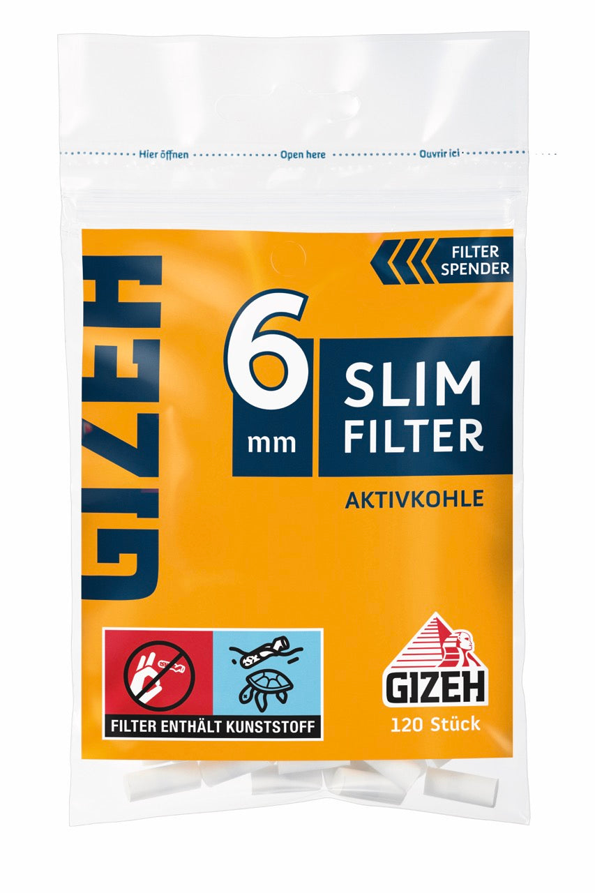 GIZEH Aktivkohle Slim Filter 6mm 120er Beutel frontal fotografiert