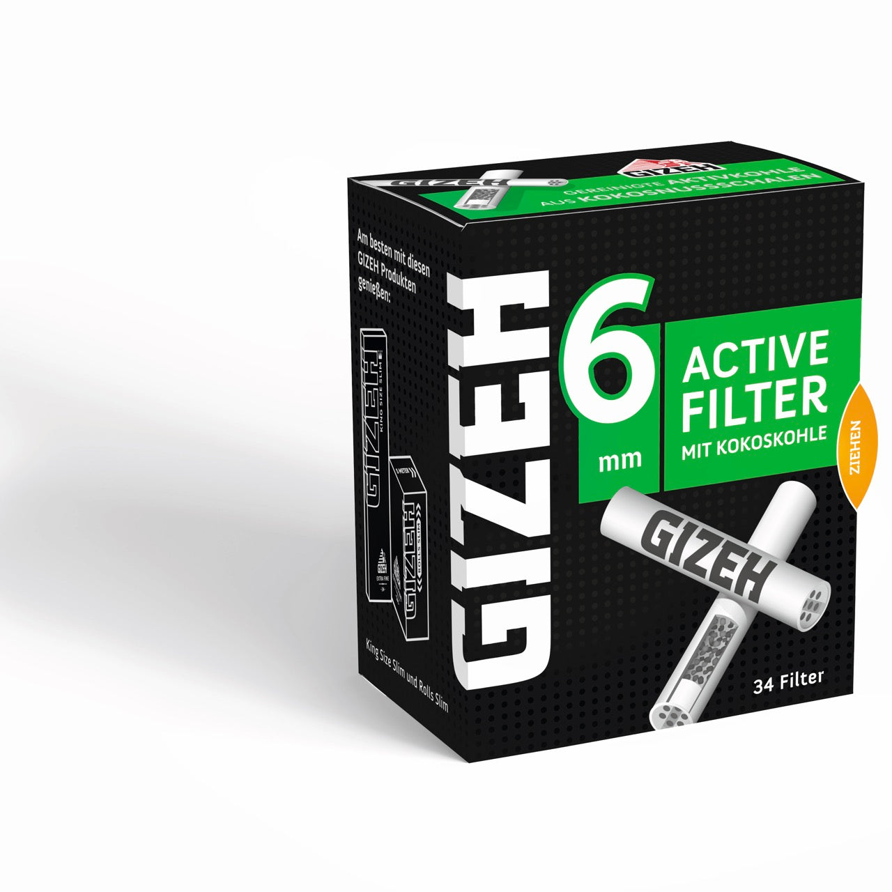 GIZEH Black Active Filter 6mm Packung, leicht seitlich aufgenommen