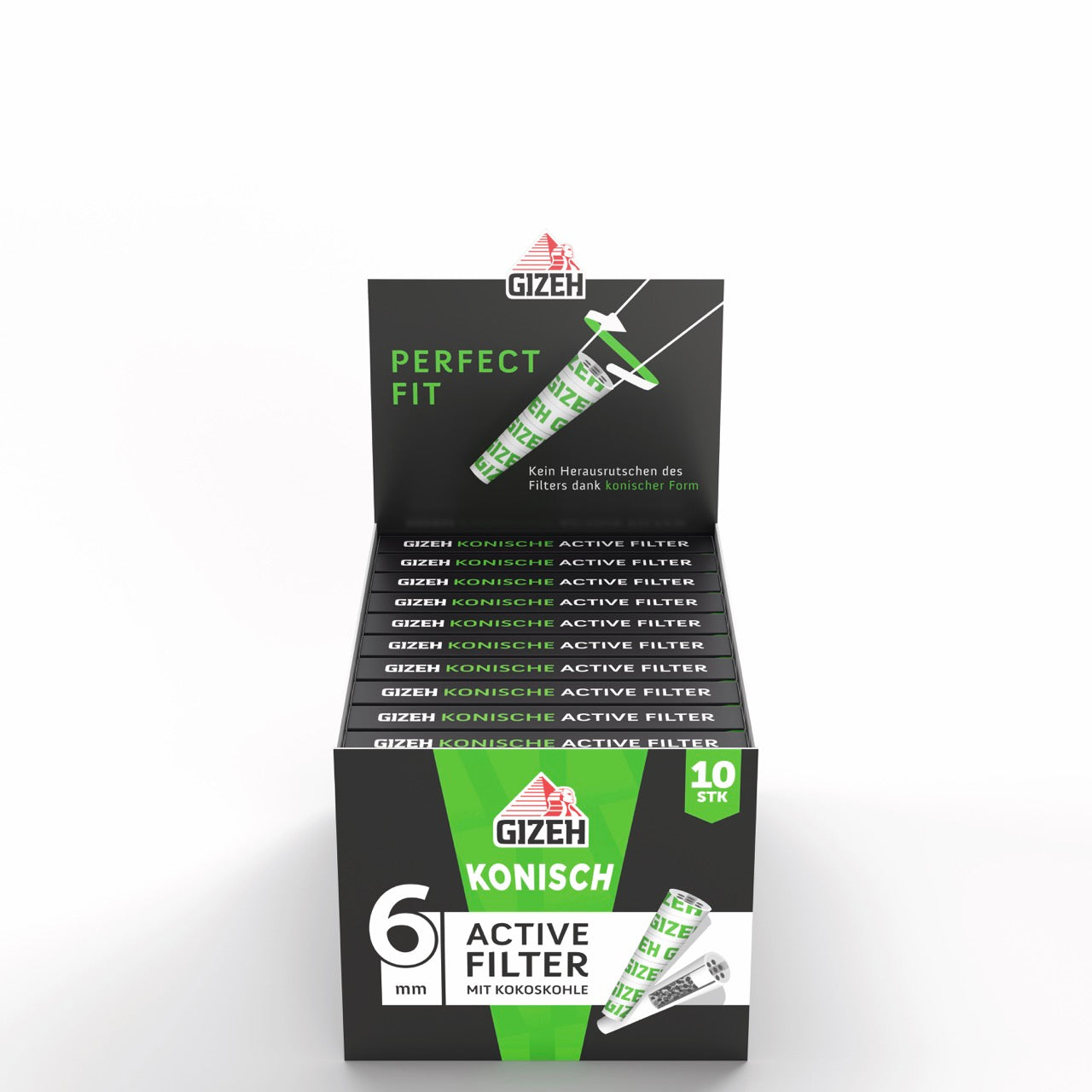 Karton mit 20 x 10er GIZEH Konische Active Filter Packungen frontal fotografiert