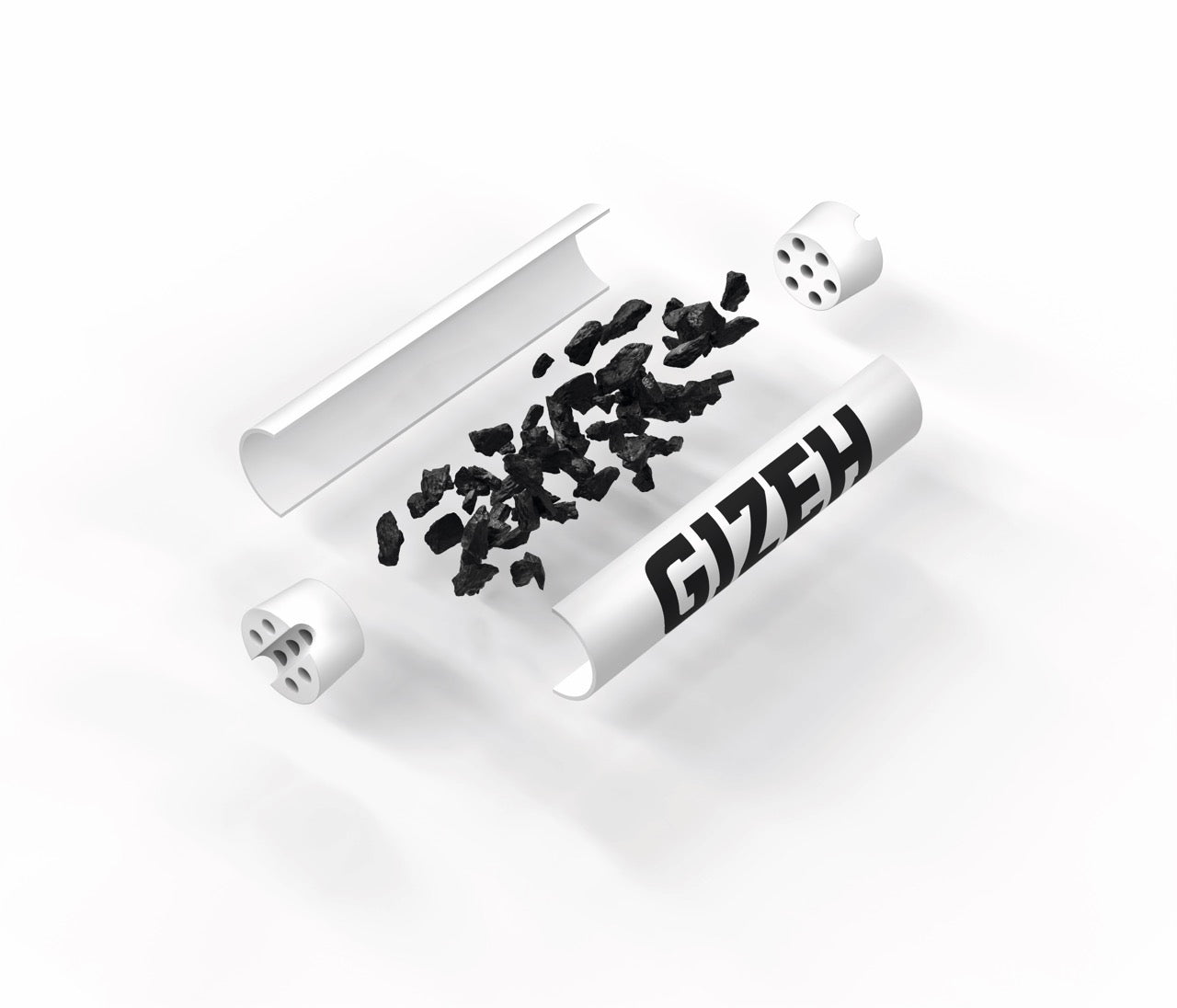 Ein GIZEH Black Active Filter 6mm, geöffnet mit sichtbarem Innenleben