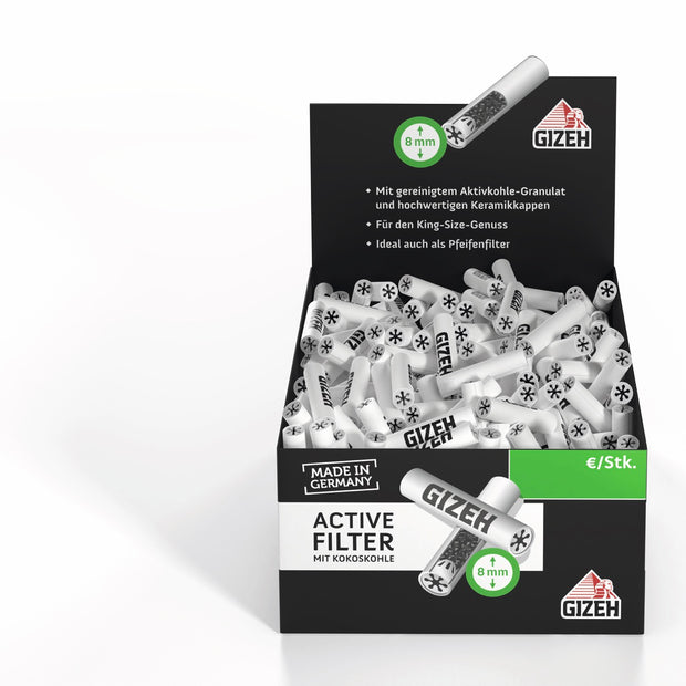 GIZEH Black Active Filter 8mm 200er Greifbox offen und frontal fotografiert