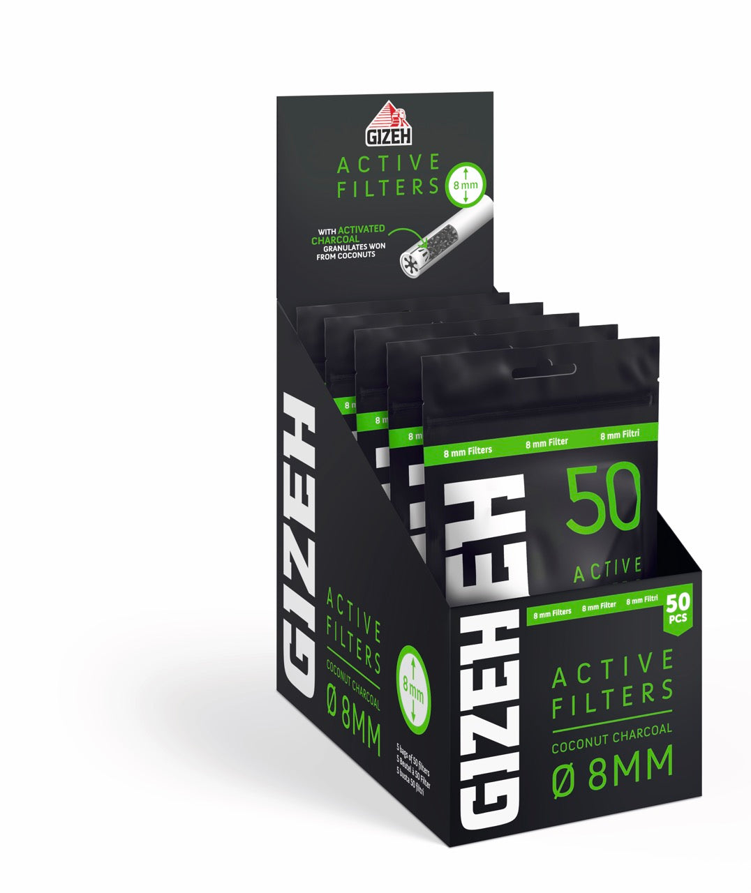 Karton mit 5 x 50er GIZEH Black Active Filter 8mm Beuteln seitlich aufgenommen
