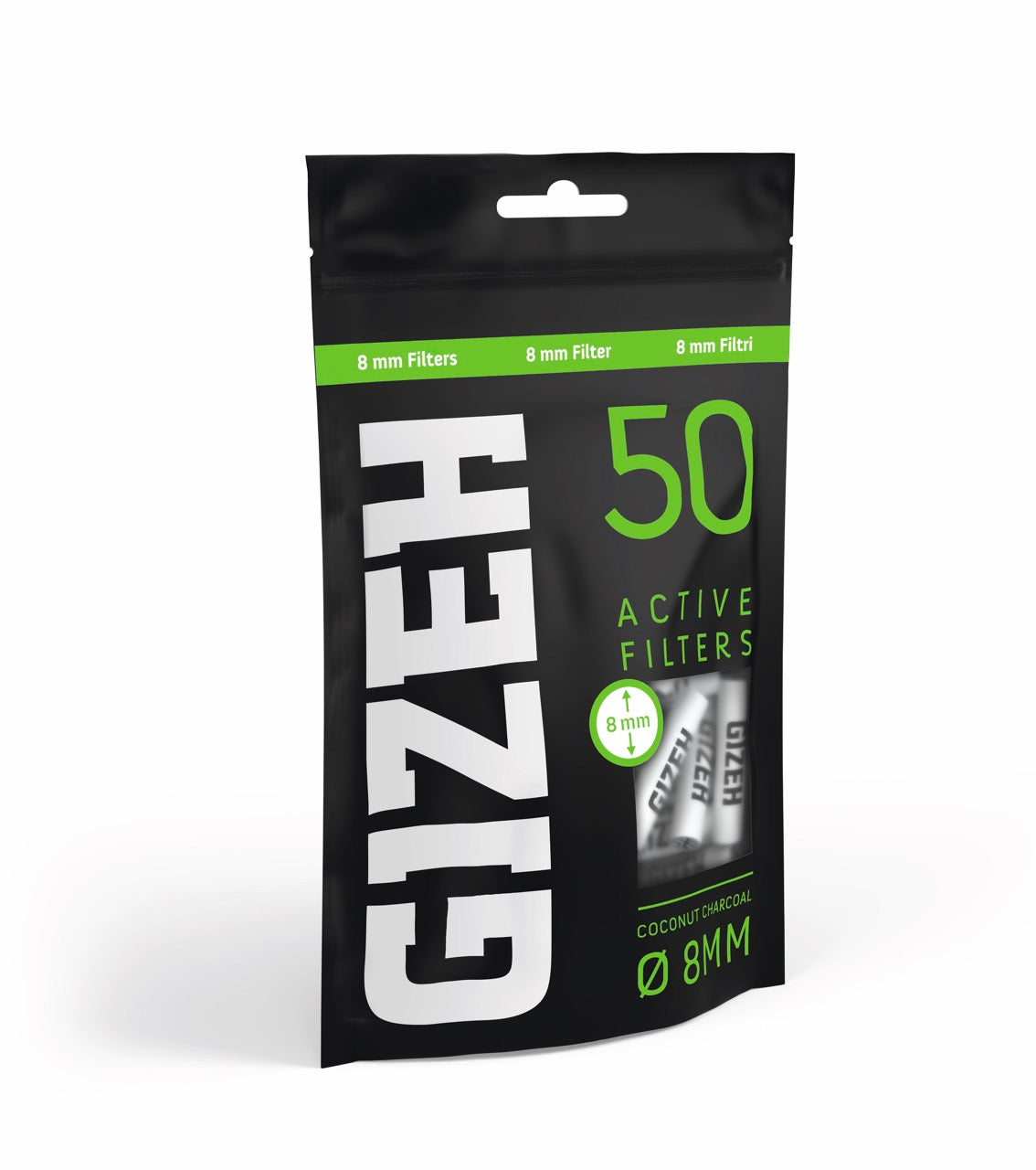 GIZEH Black Active Filter 8mm 50er Beutel seitlich fotografiert