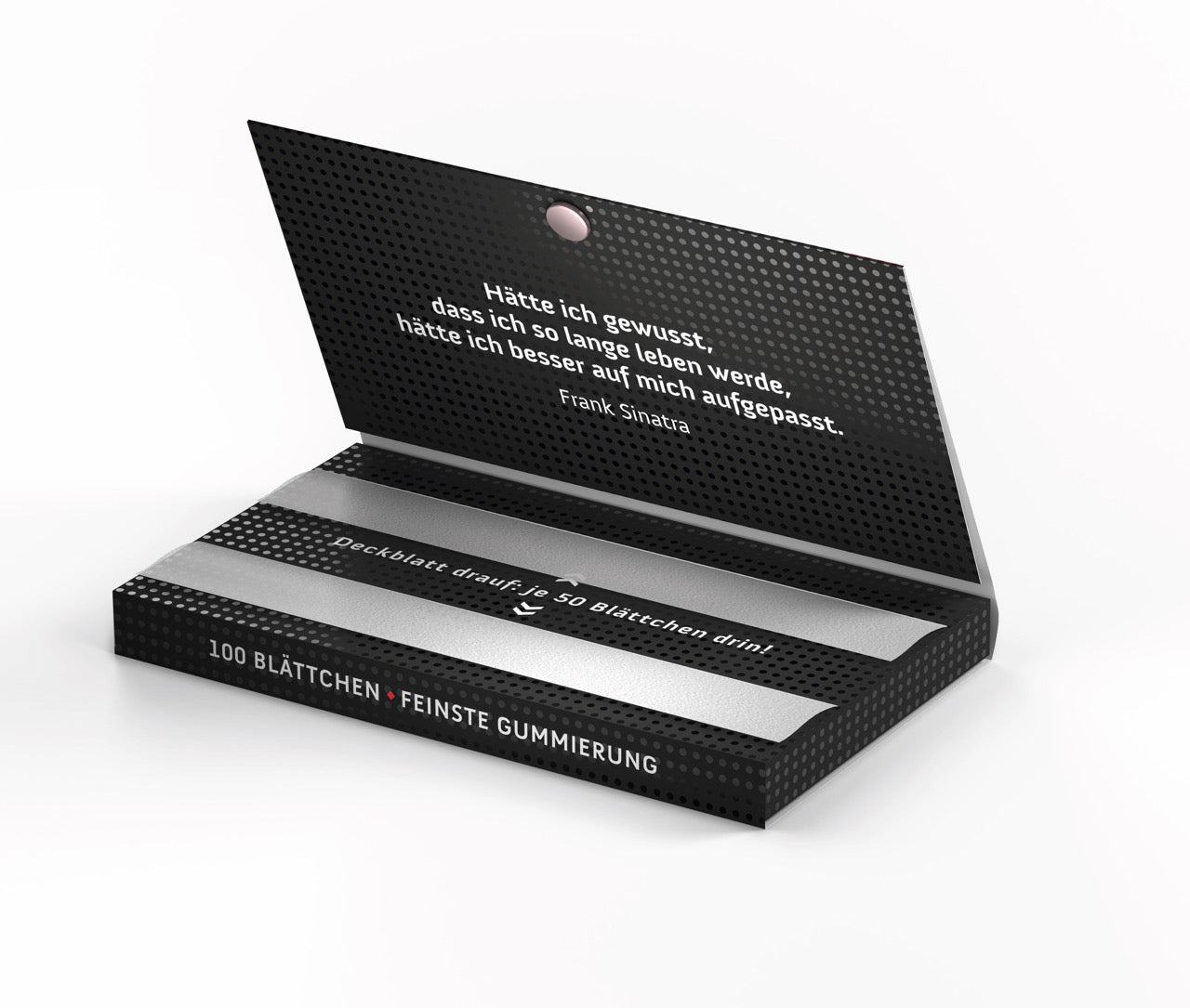 GIZEH Black Extra Fine Original Schwarz Weiß Blättchen 100 Blatt Packung geöffnet mit sichtbarem Inhalt fotografiert