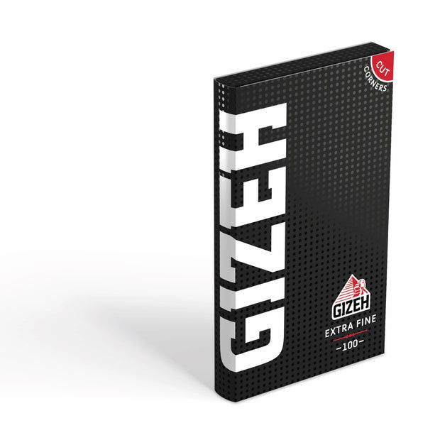 GIZEH Black Extra Fine Original Schwarz Weiß Blättchen 100 Blatt Packung seitlich fotografiert