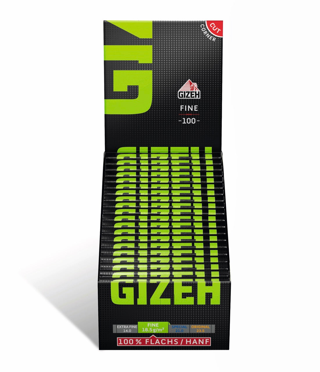 Karton mit 20 x 100er GIZEH Black Fine Original Schwarz Grün Blättchen Packungen, frontal fotografiert