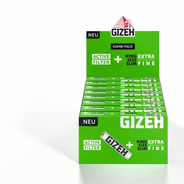 Karton mit 16 GIZEH Black King Size Slim + Active Filter Kombipackungen, Sparpaket, frontal fotografiert