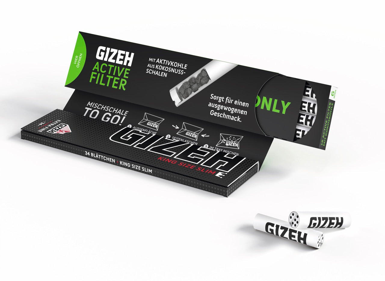 GIZEH Black King Size Slim + Active Filter, geöffnete Packung mit sichtbarer Anleitung zur Mischschale