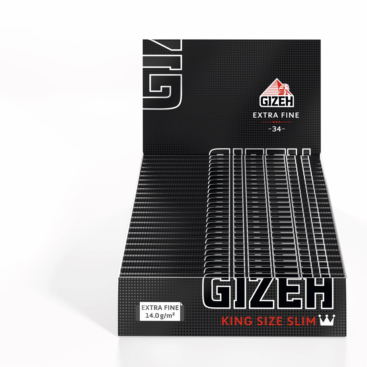 Karton mit 25 Packungen GIZEH Black King Size Slim Blättchen, Vorratspaket, frontal fotografiert