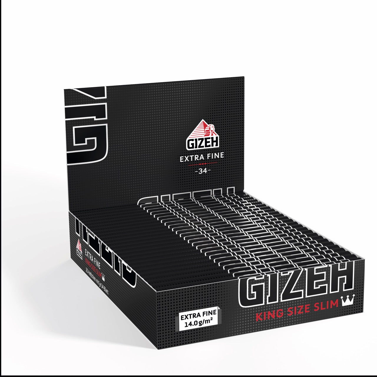 Karton mit 25 Packungen GIZEH Black King Size Slim Blättchen, Sparpaket, seitlich fotografiert