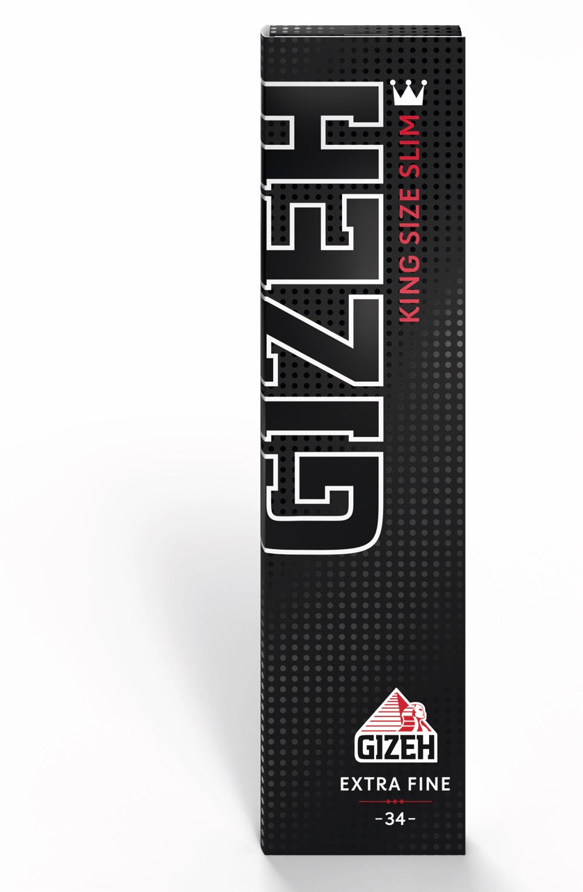 GIZEH Black King Size Slim Blättchen 34 Blatt Packung, extrafeines Zigarettenpapier im King Size Slim Format, Rolling Paper, frontal fotografiert