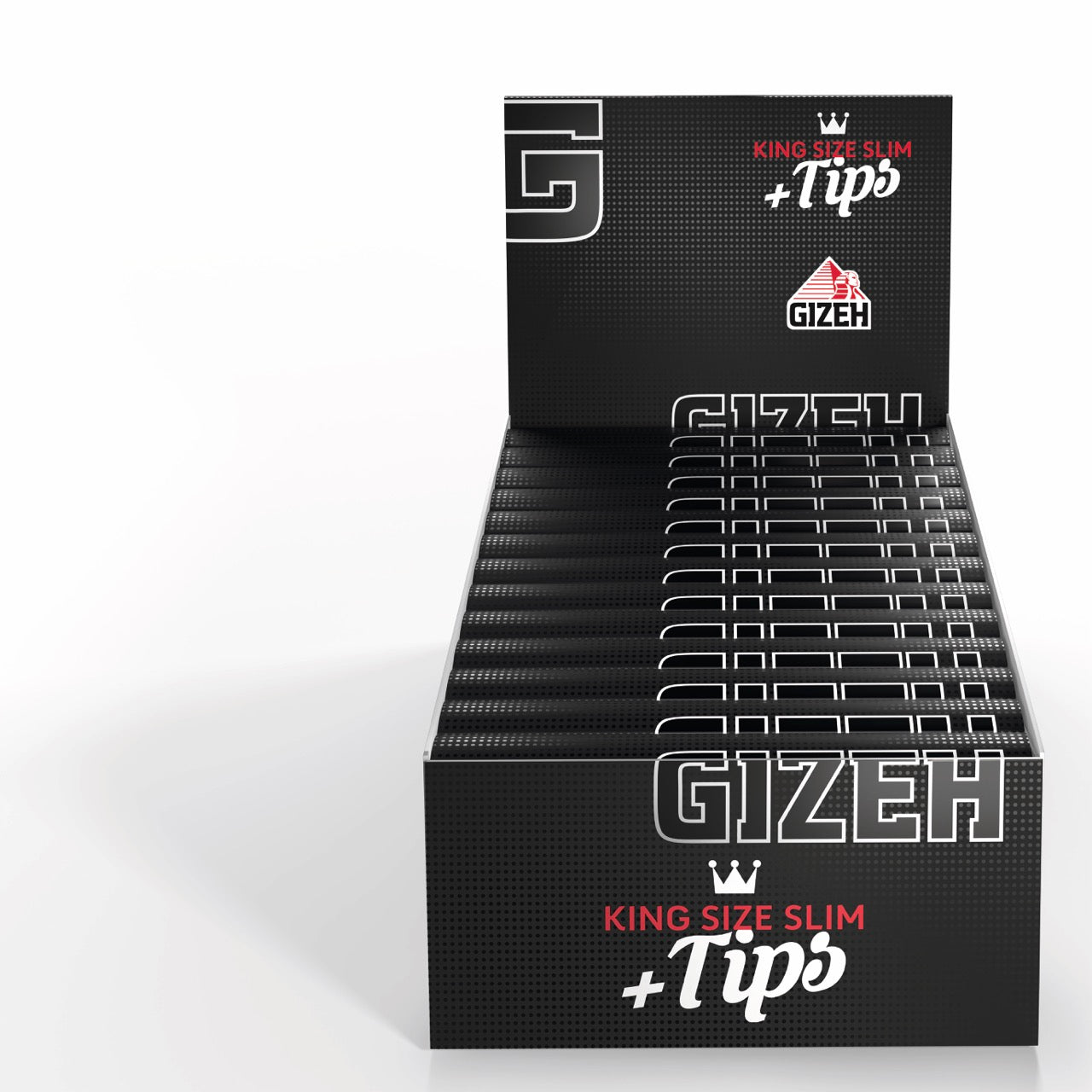 Karton mit 26 Packungen GIZEH Black King Size Slim + Tips Blättchen, Sparpaket, frontal fotografiert