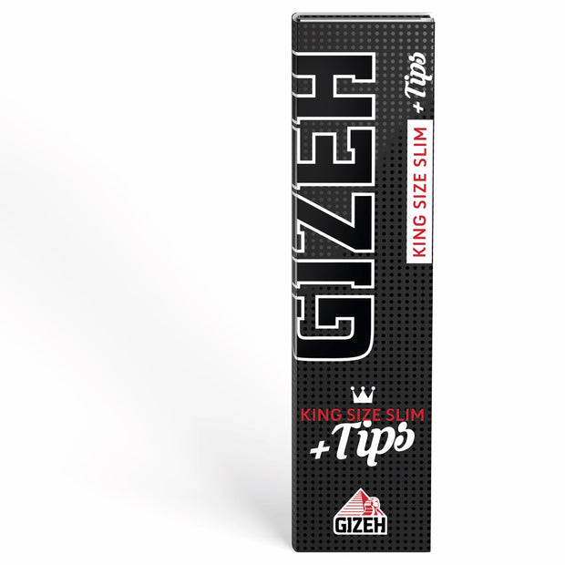 GIZEH Black King Size Slim + Tips Blättchen 34 Blatt Packung mit Filter Tips, frontal fotografiert