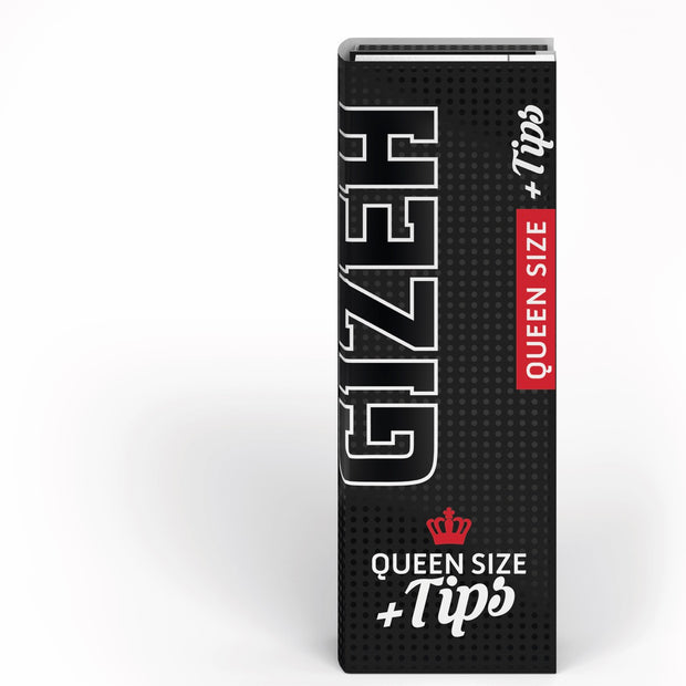 GIZEH Black Queen Size + Tips Blättchen Extra Fine 50 Blatt Packung, Magnetverschluss, frontal fotografiert