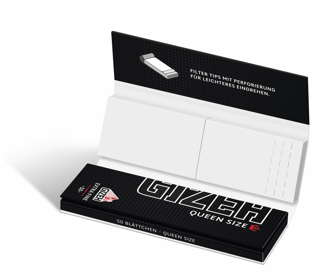 GIZEH Black Queen Size + Tips Blättchen Extra Fine Packung geöffnet mit Papers und Filter Tips, fotografiert