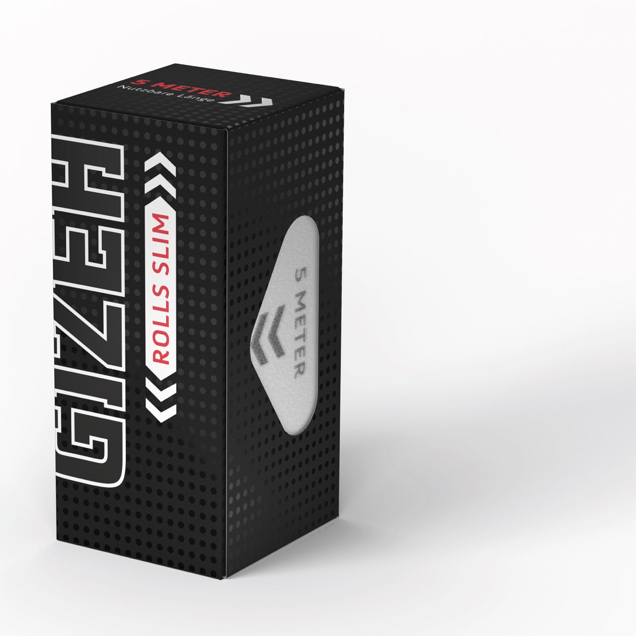 GIZEH Black Rolls Slim Blättchen 5 Meter Packung, Abrollöffnung für individuell zuschneidbare Papers, seitlich fotografiert